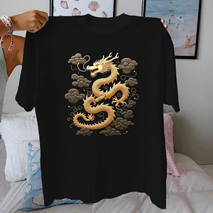 Camiseta de algodón puro con diseño tradicional de dragón dorado para mujer, ajuste cómodo - Product Image 3