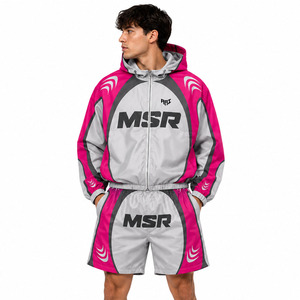 Conjunto Corto de Nylon Rosa y Gris Personalizado de Moda para Hombre, Traje Cortavientos con Bloques de Color, OEM ODM, Etiqueta Privada, Ropa Urbana, Ropa Deportiva, Sudaderas con Capucha - Product Image 1