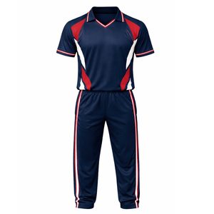 Ensemble uniforme de cricket pour hommes, bleu marine, rouge et blanc, manches courtes, en polyester anti-humidité, vêtements de sport, taille élastique, coupe régulière, toutes saisons - Product Image 4