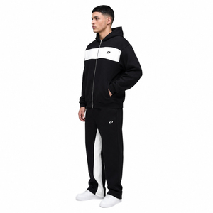 Survêtement Homme Bicolore Noir et Blanc en Molleton de Coton Épais, Décontracté, Zippé Intégral, Deux Pièces (Haut à Capuche et Pantalon Droit), Fourniture OEM - Product Image 2