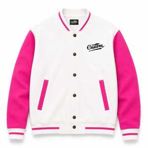 Custom Men's White Pink Windproof <b>Heated</b> Wool/Polyester Winter Varsity <b>Jacket</b> Embroidered Letter Front Turn-down Collar Casual - Product Image 2