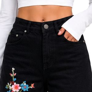 Jean large noir brodé floral pour femme, taille haute, coupe ample, style vintage, décontracté, mode, vêtements personnalisés OEM ODM - Product Image 5