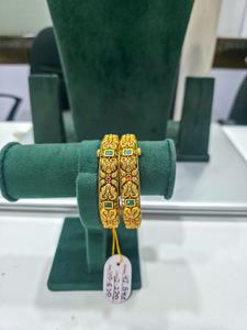 Bracelet de temple antique en or massif 22 carats, Kada de mariée indienne, motif éléphant, pierres roses et vertes, bijoux traditionnels Nakshi - Product Image 3