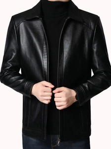 Leather <b>Jackets</b> for <b>Men</b> with Stand Collar Winter <b>Warm</b> Custom Logo Available Bomber Style for Outdoor Riding - Product Image 2