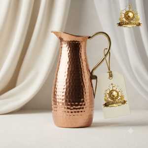 Round Belly Hammered Pure Copper Water <b>Jug</b> With Gold Finish Handle Traditional Ayurveda Tabletop Pitcher - Product Image 2