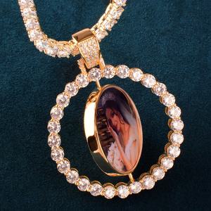 Double Side Rotating Round Photo Pendant Gold Plated Oval Diamond Pendant With Photo <b>Locket</b> Women's Charm Wedding Jewelry - Product Image 1