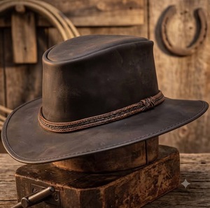 100% <b>Top</b> Grade Genuine Leather Fashion Cowboy Hat <b>Black</b> Unisex Adults Casual Travel Beach Four Seasons Headwear - Product Image 6