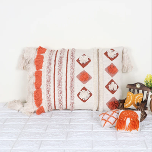 Hand Tufted Texture Boho Ivory and Orange Fringe Cushion Cover Handmade <b>Decorative</b> <b>Pillow</b> Case for Sofa Bedroom Living Room Home - Product Image 1