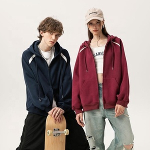 Haute qualité 380gsm 60% coton 40% Polyester unisexe surdimensionné manches raglan blocs de couleur fermeture éclair bidirectionnelle à capuche pour hommes femmes - Product Image 4