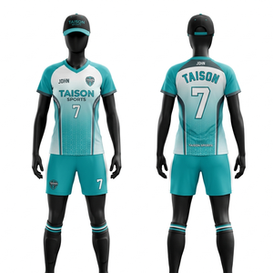 ชุดฟุตบอลพรีเมียม โพลีเอสเตอร์ 180 GSM สีขาวเทอร์ควอยซ์ แขนเสื้อแบบแร็กแลน พร้อมโลโก้แบบซับลิเมชั่นสั่งทำพิเศษ - Product Image 1