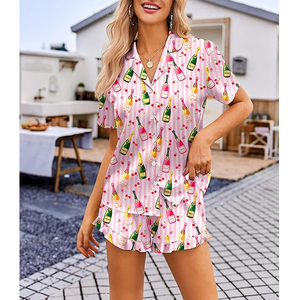 Ensemble de pyjama à manches courtes pour femmes Pyjamas en satin pour femmes Vêtements de nuit imprimés Pyjamas respirants pour le printemps et l'été - Product Image 4
