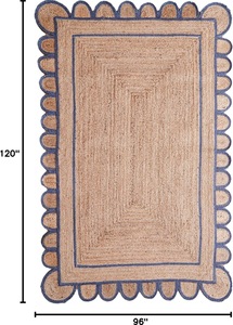Tapis d'intérieur en jute naturel fait main à poils ras avec bordure festonnée bleue, écologique, style bohème et rustique pour la décoration du salon - Product Image 4