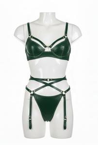 Black Leather Look Bra and G-String Set with Underwire Support and <b>Adjustable</b> <b>Straps</b> for Women - Product Image 5