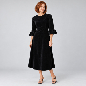 Robe midi en velours noir pour femme, manches cloche, volants, col rond trois quarts, coupe trapèze, élégante robe de soirée automne - Product Image 2