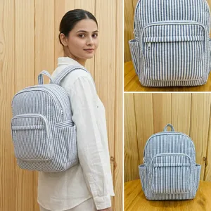 Handmade 100% Cotton Geometric Print Softback <b>Backpack</b> Unisex Bohemian Style Lightweight Daypack Curved Shoulder <b>Straps</b> Interior - Product Image 2