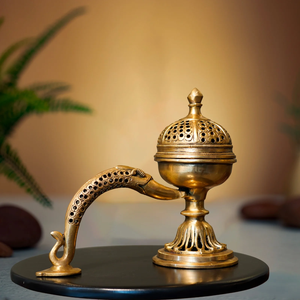 Handcrafted square brass dhoop incense <b>burner</b> holder stand with a <b>side</b> handle, available at wholesale prices. - Product Image 5