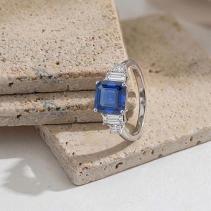 Blue Sapphire Engagement <b>Ring</b> 925 Sterling <b>Silver</b> Square Sapphire <b>Ring</b> Art Deco Style September Birthstone Gift - Product Image 5