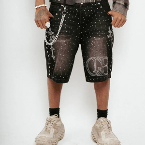 Shorts en jean pour hommes, décontractés, vintage, en denim uni, avec logo personnalisé, strass, 100 % coton, séchage rapide, respirants, taille moyenne, vente en gros pour l'été - Product Image 2