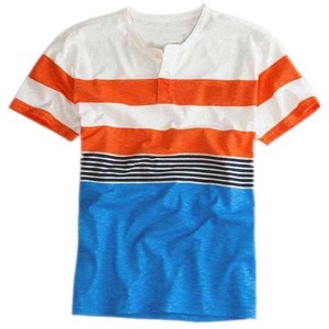 เสื้อยืดคอกลมแขนสั้นลายทางลำลองสำหรับผู้ชายไซส์ใหญ่ สีบล็อก น้ำเงิน ส้ม ขาว ผ้าฝ้าย - Product Image 1