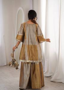 Gold Beige Modern Ethnic Co-Ord Set Women Embroidered Flared Kurta with Wide Palazzo Pants Designer Party Wear - Product Image 2