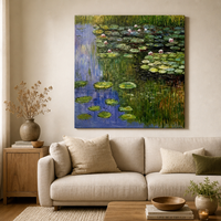 Peinture murale acrylique style impressionniste peinte à la main, feuilles de lotus d'été au bord du lac, belles images pour décorations suspendues