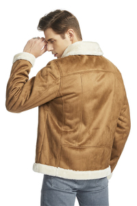 <b>Men's</b> Brown <b>Suede</b> Bomber <b>Jacket</b> With Faux Fur Lining Zipper Closure Winter Moto Coat Thick Windproof Turn-down Collar - Product Image 3