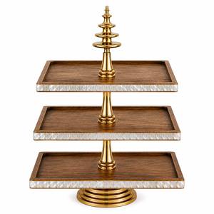 Trending Three Tier Acacia Wooden <b>Cake</b> Stand Gold Metal Dessert Display Tray Premium <b>Wedding</b> Buffet Serving Stand - Product Image 5