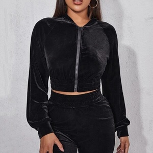 Vintage Street <b>Velvet</b> 2Pcs Set <b>Women</b> Tracksuit Sport Suit Fall Spring Casual Outfit Sexy Long Sleeve Crop <b>Top</b> Hoodie Pants - Product Image 3