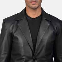 Veste Homme Slim Fit en Cuir Véritable Noir Uni de Qualité Export, en Cuir de Vachette Véritable, Col Rabattu, Logo Avant