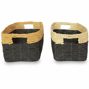 Stylish Handwoven Two Tone <b>Storage</b> <b>Basket</b> <b>Large</b> Rectangular Black Natural Closet Organization Pantry Toy Container With Handles - Product Image 2
