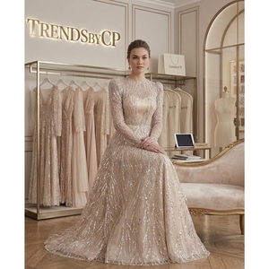 TrendsbyCP Luxury Champagne <b>Sequin</b> Evening Gown O-Neck A-Line Silhouette Handmade Embroidery Regular Sleeve Formal Maxi - Product Image 5