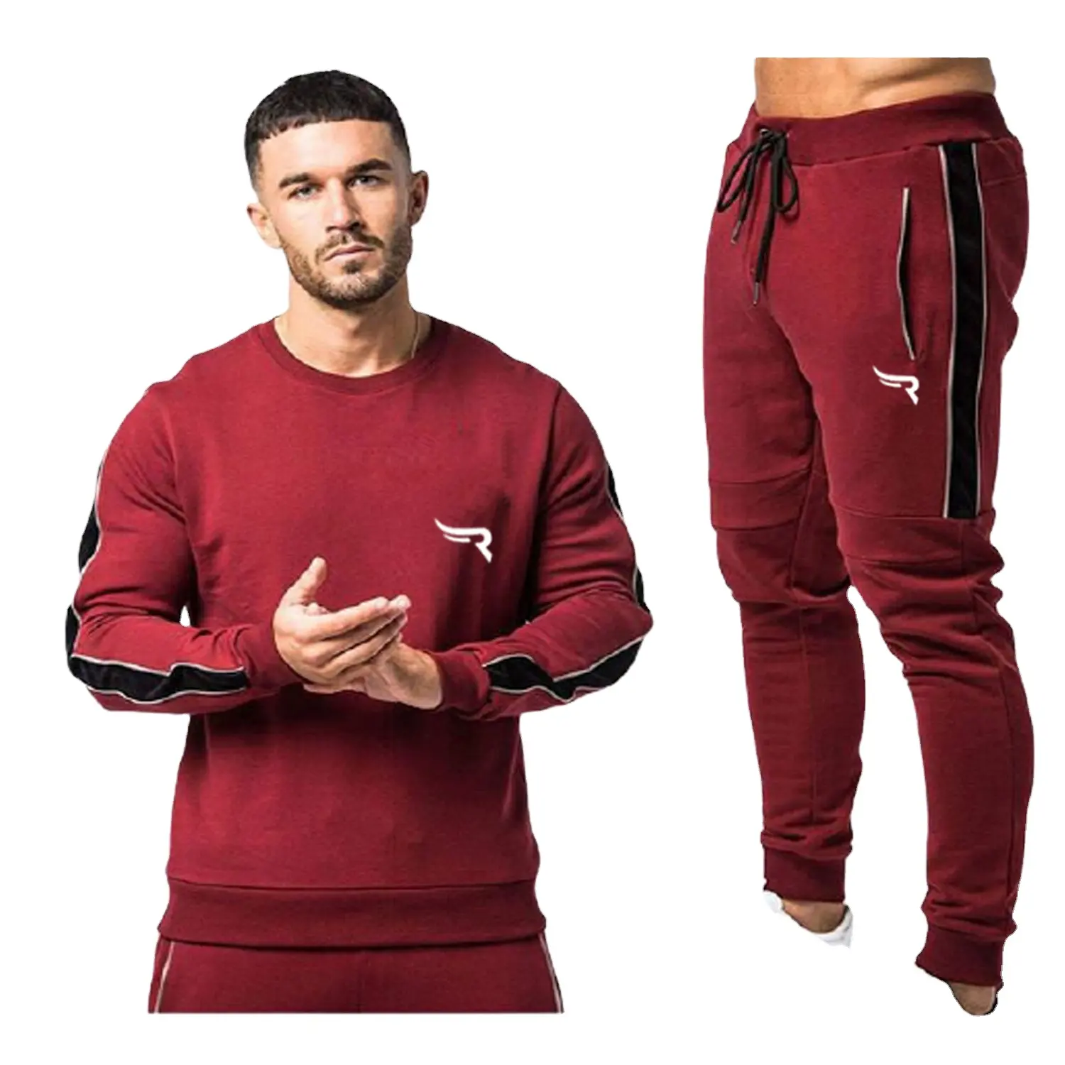 Latest Design O Neck 2pc Men Printed Tracksuit with Compression Shirt and Pants for Gym Training Men Zipper Hoodie Pants