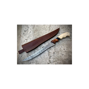 Pasha Enterprises Custom Handmade Damascus Fillet <b>Knife</b> Fixed Blade Fishing Utility <b>Knife</b> <b>Bone</b> Rosewood <b>Handle</b> Leather Sheath - Product Image 4