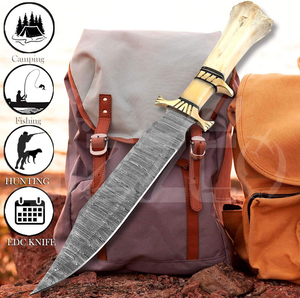 Beautiful Handmade Damascus Steel Bowie <b>Knife</b> with <b>Bone</b> <b>Handle</b> and Leather Sheath Brass Guard OEM Ready Logo & Custom Packaging - Product Image 2