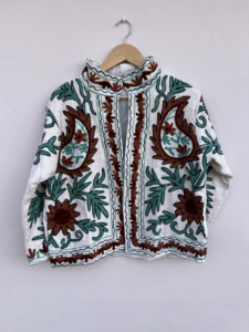 Blouson bomber à imprimé bohème avec fermeture éclair sur le devant, longueur standard, vêtements ethniques traditionnels d'artisanat de Jaipur, 100% coton brodé de fleurs - Product Image 1