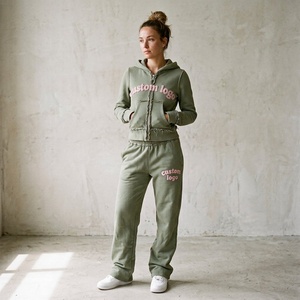 Custom Logo Winter Distressed Full Zip Pullover <b>Towel</b> Embroidery Tracksuit 2 Pieces Cozy Cropped Hoodie Sweatpants Set Women - Product Image 6