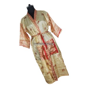 Bohemian Indian Handmade Vintage Silk Sari Floral Printed Nightgown Long <b>Sleeves</b> Quick Dry Winter Autumn Maxi Dress Ethnic - Product Image 4