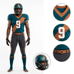 Conjunto de Uniforme de Fútbol Americano para Hombre Adulto, Jersey con Estampado por Sublimación, Pantalones, Casco, Kit de Protección, Color Verde Azulado y Naranja - Product Image 1