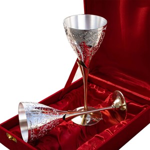 Handmade Brass Goblet Set Embossed Design Flute Shape Elegant Cocktail Glass for Wedding 2 Pieces Red Velvet <b>Box</b> - Product Image 1