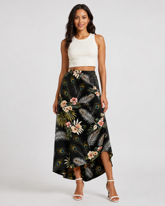 Jupe longue maxi à taille haute imprimé floral paon de qualité supérieure pour femme, vente en gros, fabricant sur mesure, jupe longue asymétrique pour l'été et la plage - Product Image 4