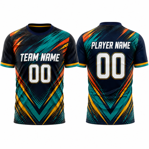 Maillot de football personnalisé imprimé par sublimation, motif géométrique bleu, vert, orange, col en V, respirant, anti-transpiration, coupe ajustée - Product Image 5