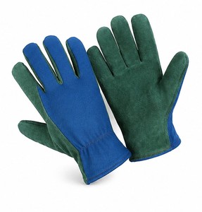 Wholesale <b>Working</b> <b>Gloves</b> With Blue Spandex Green leather Safety <b>Gloves</b> Wrist Length Breathable For Outdoor Daily Use All season - Product Image 1