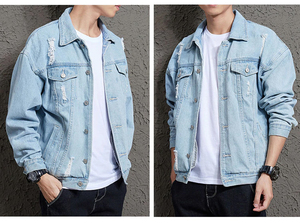 Men's Light Blue Denim <b>Jacket</b> Turn-down Collar Single Breasted Casual Washed Frayed Regular Fit Spring Cotton - Product Image 6
