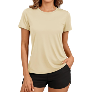 Camiseta Casual de Punto de Manga Corta con Cuello Redondo y Color Azul Marino Sólido para Mujer, de Secado Rápido, para Primavera/Verano, Gimnasio, ODM OEM - Product Image 4