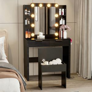 Toeletta da Trucco con Lampadine Hollywood e Stazione di Ricarica, Tavolo da Toeletta Scanalato con 2 Cassetti, 4 Ripiani Aperti e Spazio per Asciugacapelli - Product Image 2