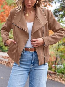 Chaqueta de Motociclista de Cuero PU Color Bronceado para Mujer, con Cierre de Cremallera, Cuello Redondo, Manga Larga, Estilo Otoñal - Product Image 3