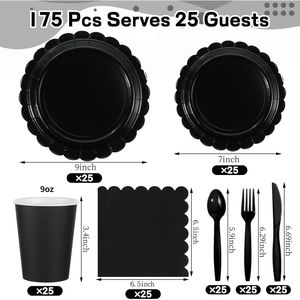 Kit di 175 Pezzi per Festa Nera con 25 Piatti, Tovaglioli con Bordo Ondulato, Bicchieri in Plastica e Posate Monouso - Product Image 3