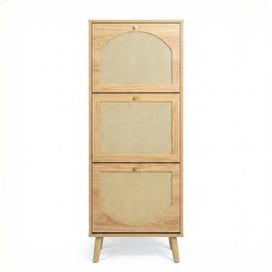 Scarpiera a 3 livelli con frontale in rattan color legno naturale, 54x24x135 cm, realizzata in truciolato - Product Image 2