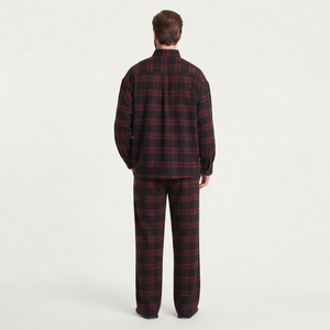 Ensemble de pyjama en flanelle à carreaux pour homme, deux pièces, manches longues, col montant, boutons sur le devant, coupe régulière, coton d'hiver, deux pièces, décontracté, pour dormir - Product Image 2