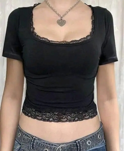 Meilleure vente estivale : Haut court à manches courtes pour femmes et adolescentes, coupe ajustée, de haute qualité, basique mais élégant - Product Image 2